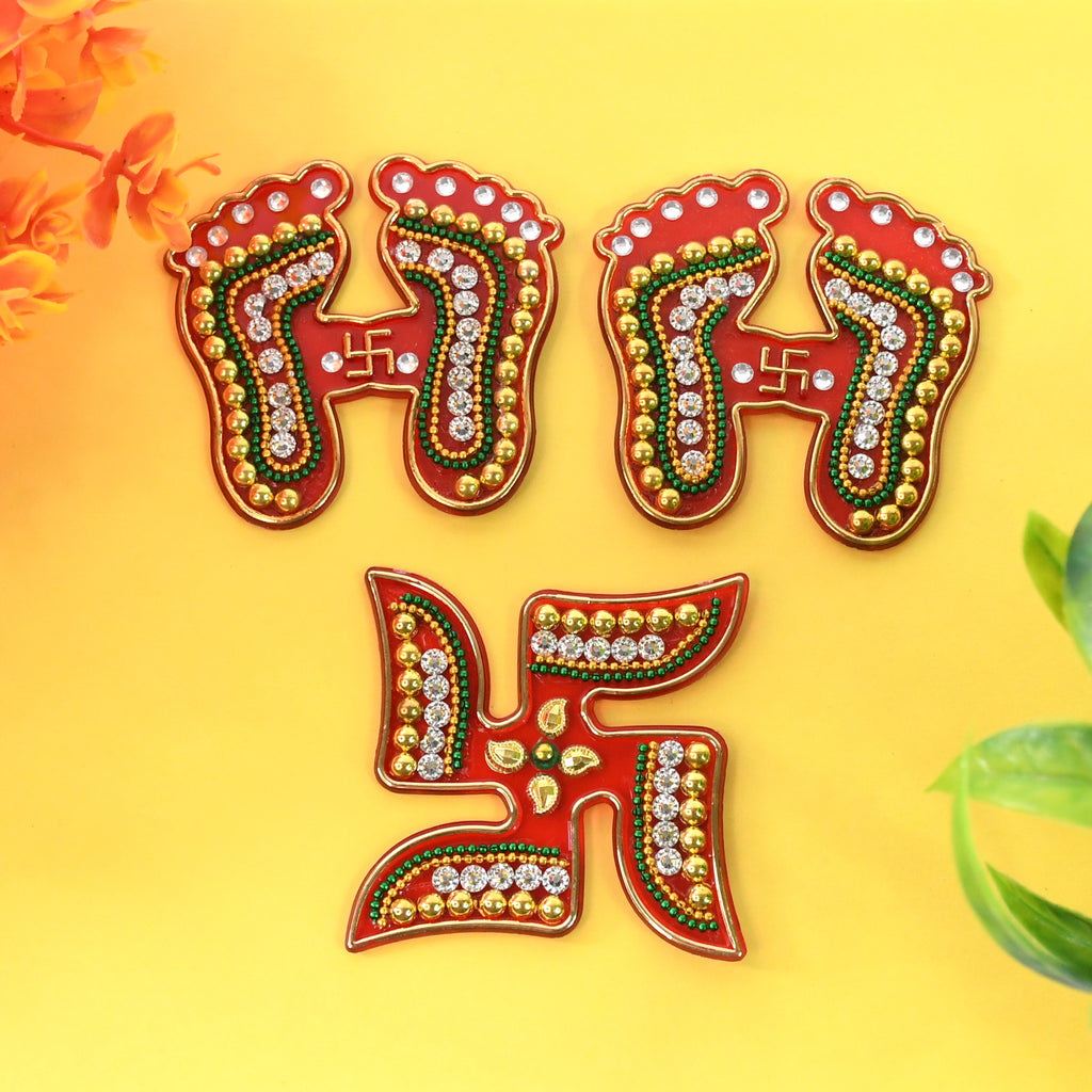 Decorative Laxmi Charan (Pagla)  Swastik Combo Set (3pc Set)