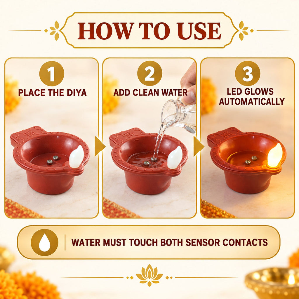 Water Sensor Flameless Led Diyas For Diwali And Pooja Decoration (6 Pc Set)