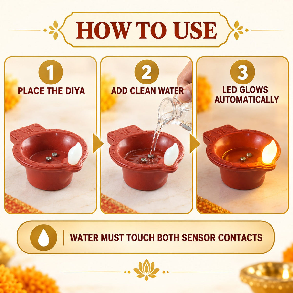 Water Sensor Flameless Led Diyas For Diwali And Pooja Decoration (6 Pc Set)