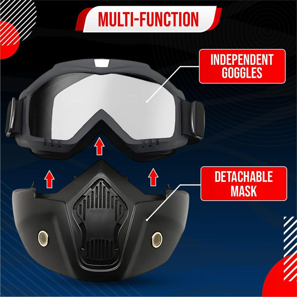 Btag Anti Scratch UV Protective Motorcycle Face Mask with Detachable Goggles | Anti-Fog UV Protection Riding Mask with Removable Breathable Filter | Full Face Windproof Shield for Biking.(Transparent)