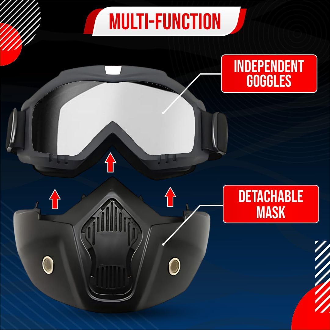 Motorcycle Face Mask with Detachable HD Goggles (Rain & Wind Protection )