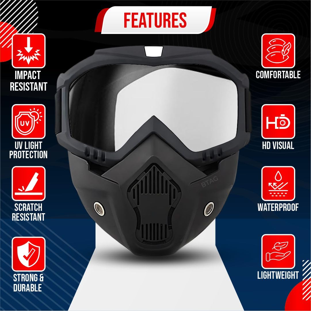 Motorcycle Face Mask with Detachable HD Goggles (Rain & Wind Protection )