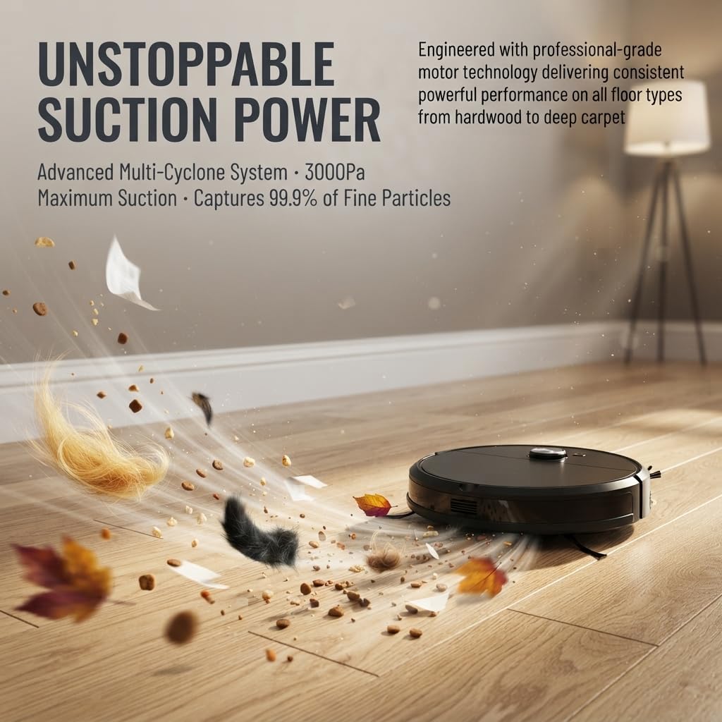 ( 𝐃𝐫𝐮𝐦𝐬𝐭𝐨𝐧𝐞 𝟏+𝟏 𝐘𝐞𝐚𝐫𝐬 𝐖𝐚𝐫𝐫𝐚𝐧𝐭𝐲 ) Robot Vacuum Cleaner with Smart Navigation Automatic Floor Cleaning Wet Dry Self Charging Low Noise Slim Design Pet Hair Cleaner for Home