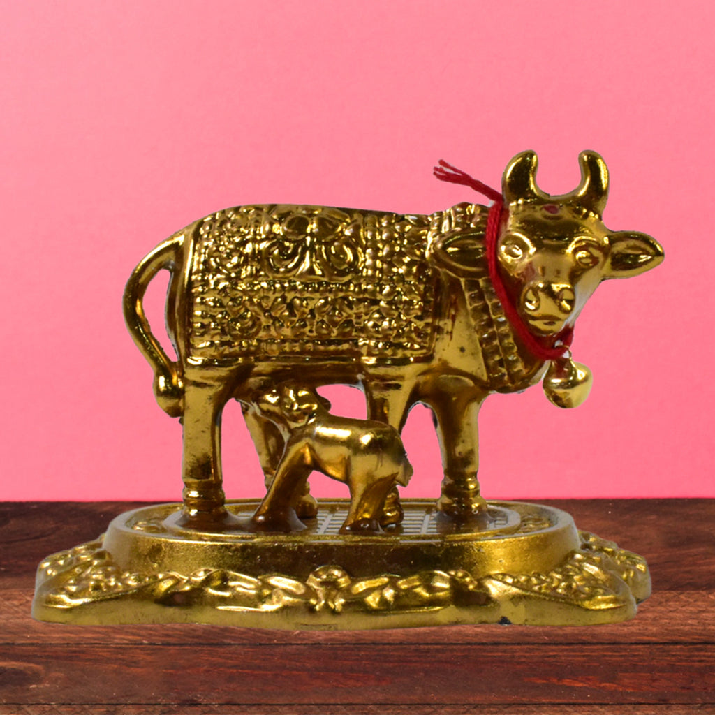 Metal Golden Kamdhenu Cow With Calf (1 Pc)