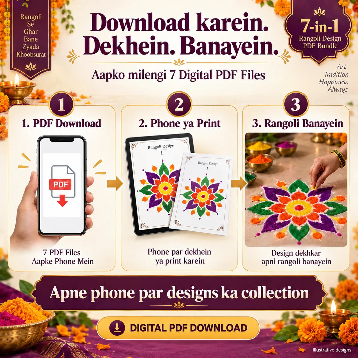Mega Diwali Rangoli Collection 2026 – 500+ Step-by-Step Rangoli Designs (Instant PDF Download)