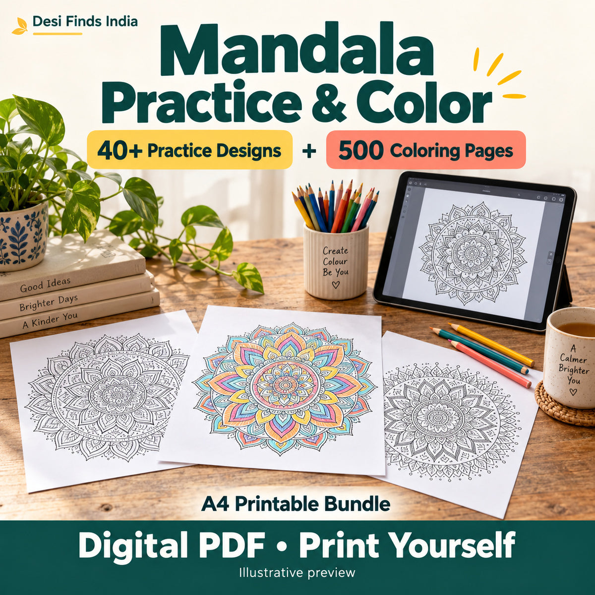 Mandala Practice & Color™ | 40+ Practice Designs + 500 A4 Coloring Pages | Printable PDF Bundle