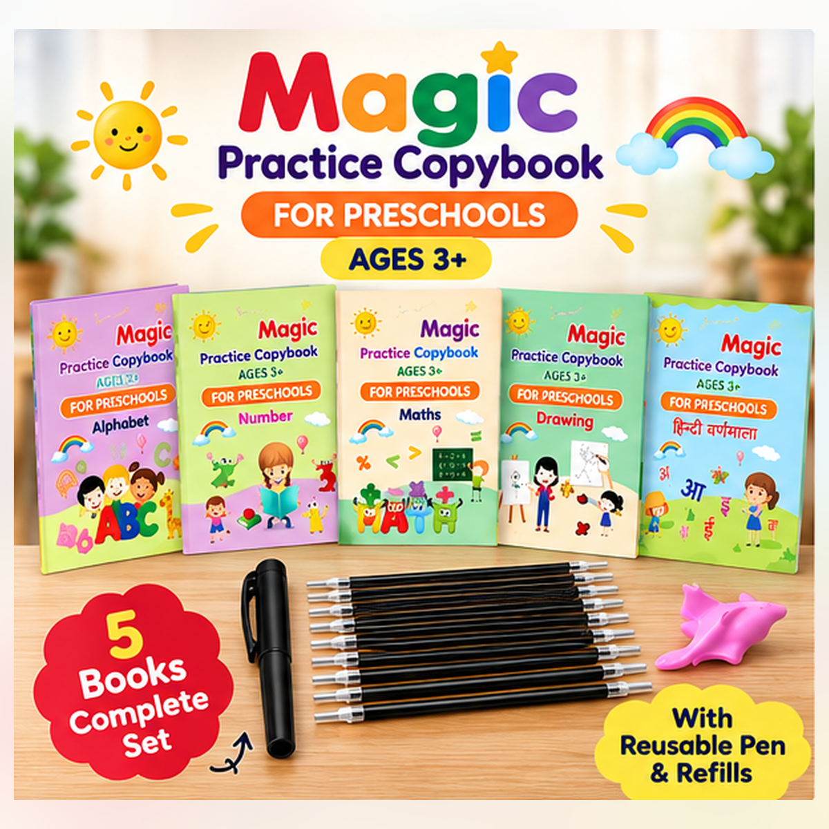 Auto Erase Magic Copy Books for Kids – Reusable Handwriting Practice Set with Magic Pen & Refills