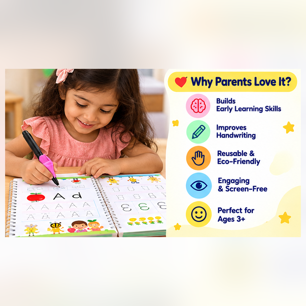 Auto Erase Magic Copy Books for Kids – Reusable Handwriting Practice Set with Magic Pen & Refills